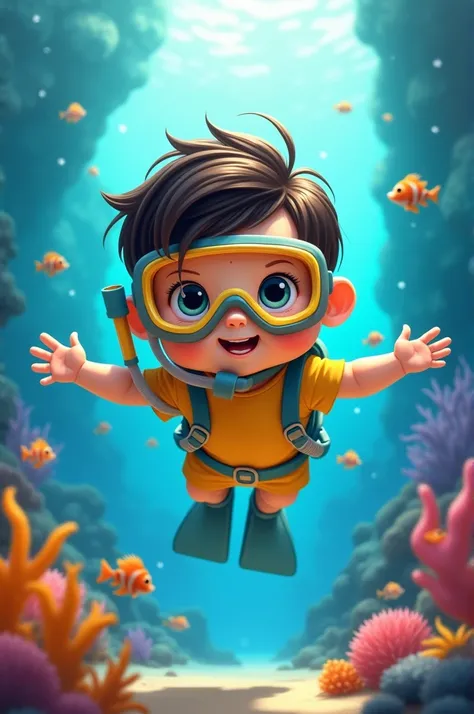 Disney Pixar poster, baby boy, with dark brown hair parted on the side, gray-green eyes, diving with scuba diving apparatus, full body image.