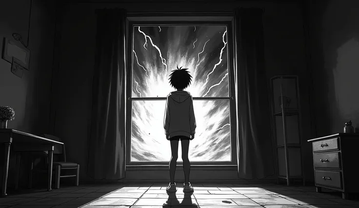 an anime-style black and white image of a character standing in the center of his room watching an anxiety storm come through the window. an extremely immersive image full of detail and high contrast