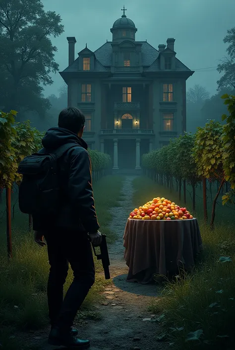 outside an abandoned mansion, FIRST PERSON POINT with a pistol, garden with vineyards, as you walk you find a fruit banquet on a table, night weather 