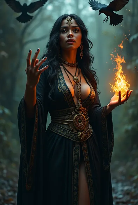 an ultra-sexy african sorceress, voodoo, golden eyes, full body, casting a spell, macabre atmosphere, crows, (best quality,4k,8k,highres,masterpiece:1.2),ultra-detailed,(realistic,photorealistic,photo-realistic:1.37),extremely detailed face and eyes,beauti...