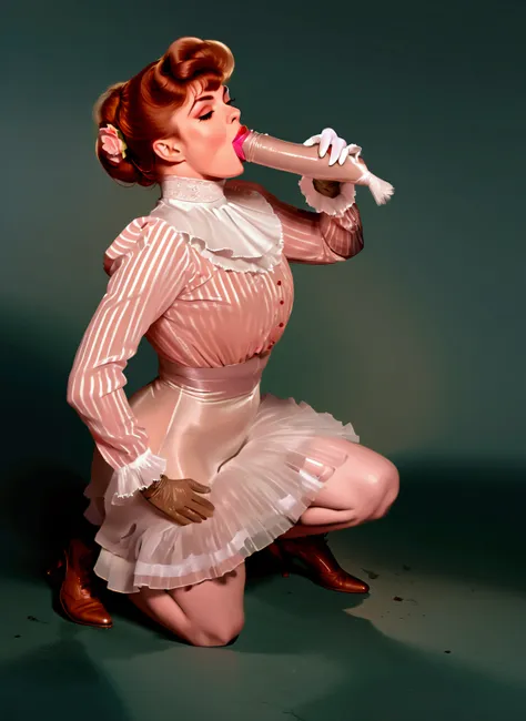 NSFW. A sexy 145yo ginger Gibson Girl (((kneeling performing fellatio on a dirty 69yo gentleman))). Year 1903. 1900_dr3ss. Pink high-collar long sleeve shirtwaist, large hat lavishly topped with flowers and feathers, silk gloves, floor-length high-waisted ...