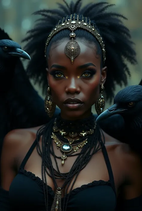 a beautiful ultra-sexy african witch, voodoo, ravens, golden eyes, full body view, detailed beautiful face, detailed beautiful lips, extremely detailed eyes, long eyelashes, intricate ornaments, dark clothing, dark background, moody lighting, cinematic com...