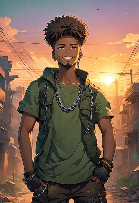 (front focus), Post Apocalypse background, Anime - style illustration of a young adult male with an oversize green tank top and chain around his waist, "(best quality,ultra-detailed),detailed right hand,(Fingerless Glove,Gloved hands), | | |, male anime ch...