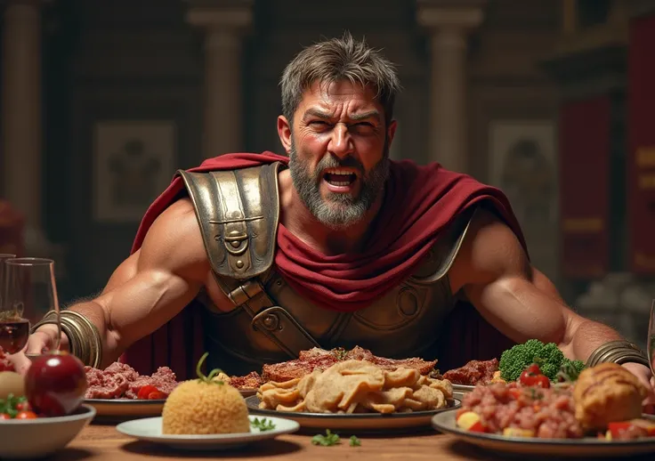 Roman soldier eating a piece of meat in front of a table with a variety of food and making a face, showing teeth