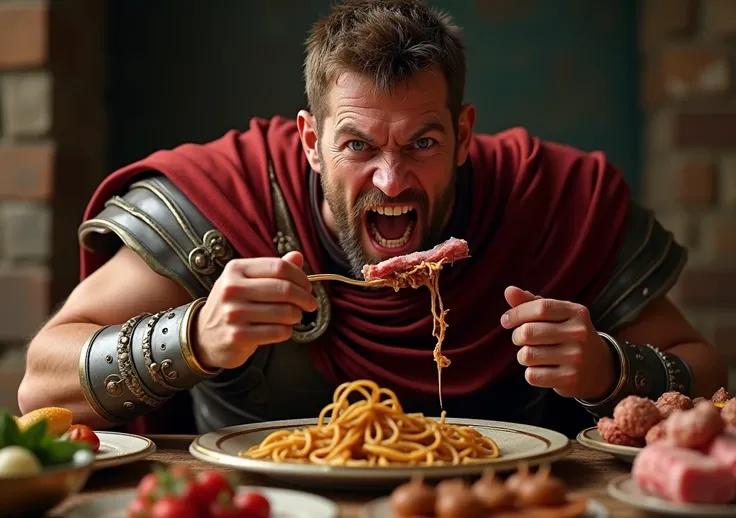 Roman soldier eating a piece of meat in front of a table with a variety of food and making a face, showing teeth