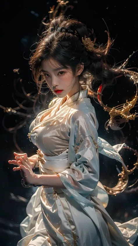 shining star,A beautiful oriental girl,Single ponytail,Dragon Horn,Big breasts,thin waist,white skin,Perfect proportion,Wearing a dance dress,8k,The focus of the audience,Lighting effects,Super details,