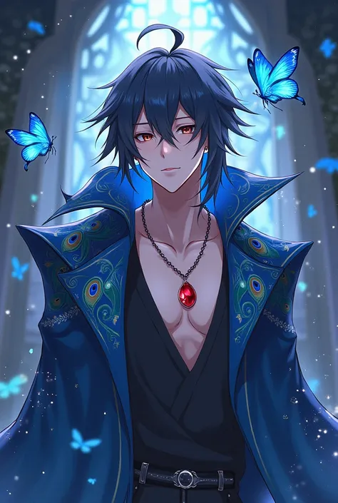 Zenitsu with long hair with a butterfly ,with a ruby necklace,with a peacock cape with stars and rays around it 

