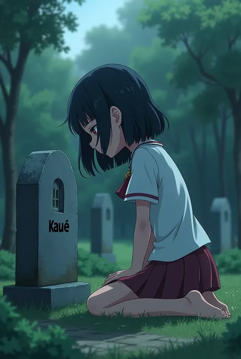 an anime girl on her knees with her head down in front of a tomb with the word kauê written on it