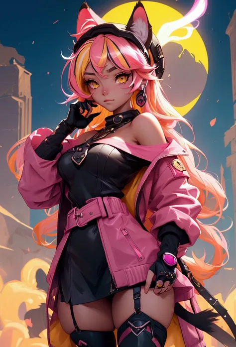 envision a 8k, highres, cinematic, beautiful close up portrait of a girl named Raora Panthera with animal ears, tail, yellow eyes, pink streaked hair, multicolored hair, goggles, hat, open jacket, off shoulder, partially fingerless gloves, ring, thigh stra...