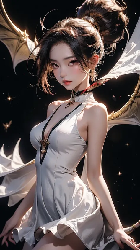 Shining Star Oriental Dragon Girl,Single ponytail,Dragon Horn,Big breasts,thin waist,white skin,Perfect proportion,Wearing a dance dress,8k,The focus of the audience,Lighting effects,Super details,