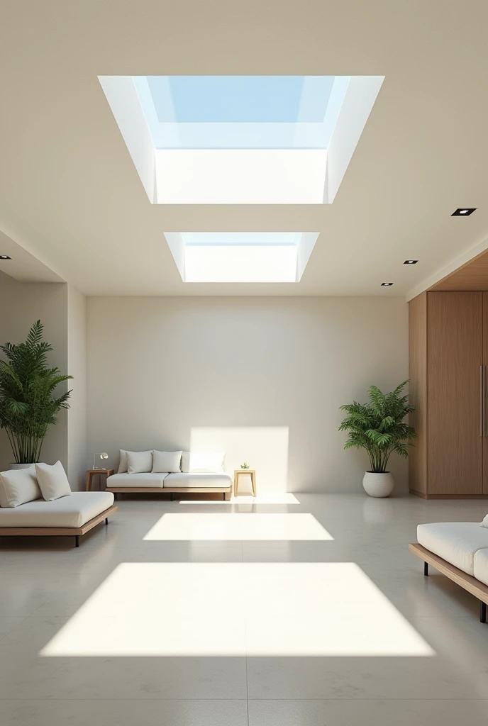 Generate an interior image of a modern room featuring multiple skylights. The skylights are embedded in a sleek, flat ceiling, allowing an abundance of natural light to flood the space. The light should cast soft, dynamic shadows across the room, highlight...