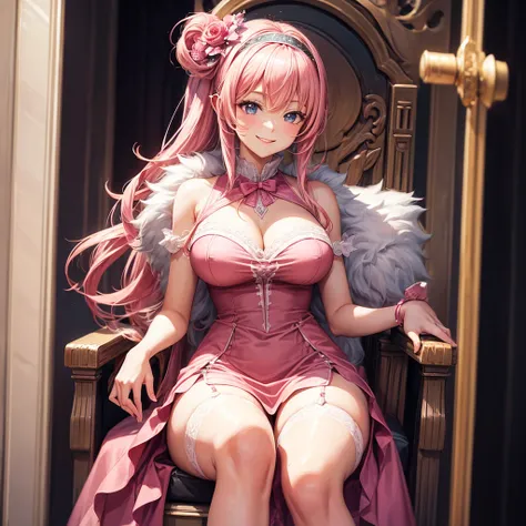 1 female　Lady　Smiling Kindly　Pink Dress　Headband　Big Breasts　stockings　Sitting on the throne