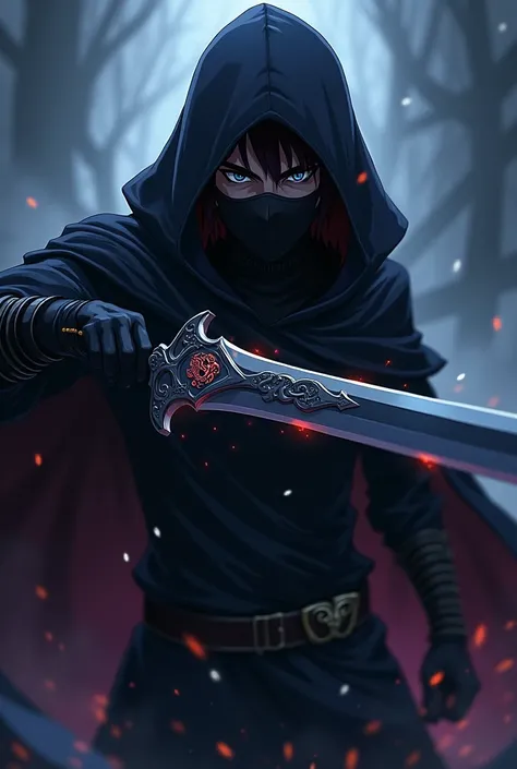 Make an anime face with a black hood and mask and with a magic sword