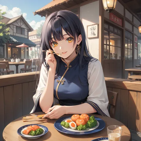 (8K, best quality, master piece: 1.2),ultra-high resolution,1 idol,solo,ultra-detailed face,detailed eyes,orange eyes,Straight hair, long hairblack hair,rim light,holding chopsticks,Sitting in a chair,fresh seafood platter on the table,Outdoors Japanese hi...