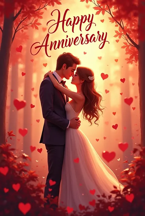 A red colored couple anniversary image with a prose letter that says "happy Anniversary" and many hearts 