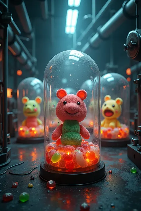 a secret underground laboratory full of large capsules with candy creatures inside 