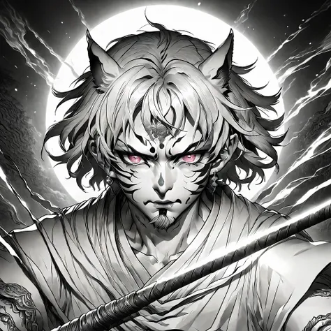 a powerful tiger man, extremely detailed face, beautiful detailed eyes, intense anime style, martial power, portrait, complex structure, sinister environment, dark, detailed eyes, scars, wounds, cinematic lighting, dramatic shadows, chiaroscuro, hyper real...