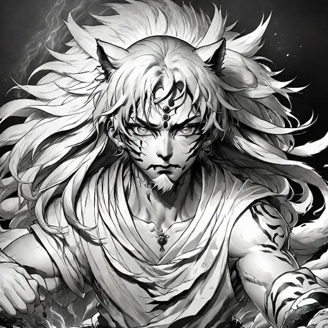 a powerful tiger man, extremely detailed face, beautiful detailed eyes, intense anime style, martial power, portrait, complex structure, sinister environment, dark, detailed eyes, scars, wounds, cinematic lighting, dramatic shadows, chiaroscuro, hyper real...