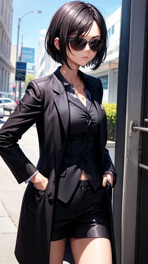 1womanl, skin black, sunglasses, Black Suit, hands in pockets, slim body 