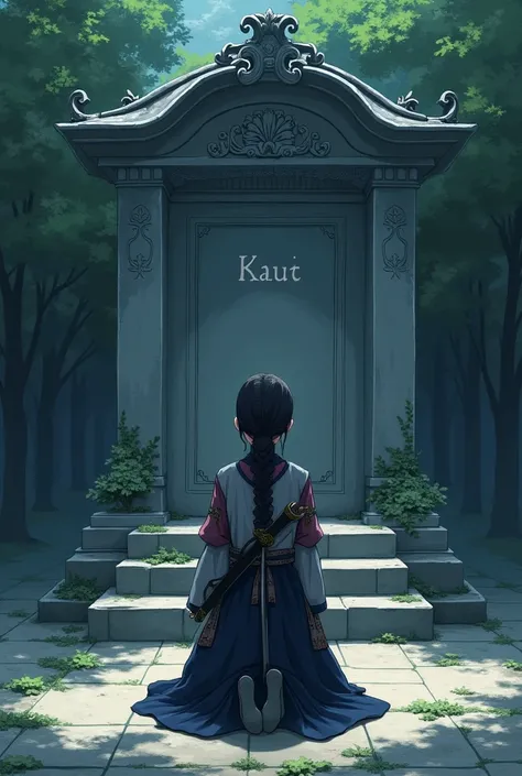 an anime girl in a samurai outfit on her knees and head down with her sword on her back in front of a tomb with the name kauê