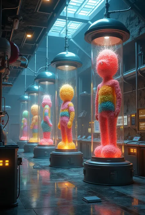 a secret underground laboratory full of large capsules with humanoid creatures made of candy inside 