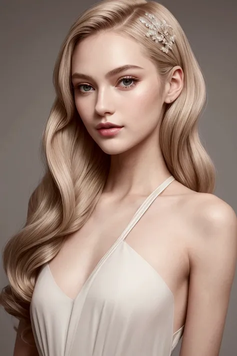 A slender, youthful figure with delicate features, blending soft masculinity and feminine elegance. They have a smooth, porcelain complexion, large expressive eyes framed by long lashes, and lips that carry a gentle, playful smile. Their hair is styled in ...