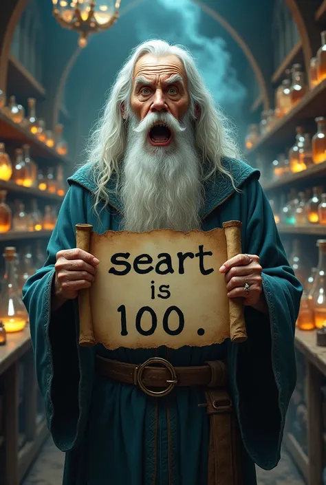 Gandalf from The Lord of the Rings with his mouth open and eyes wide holding a sign with these words written on it: "SEAART IS 100". In an alchemy laboratory.