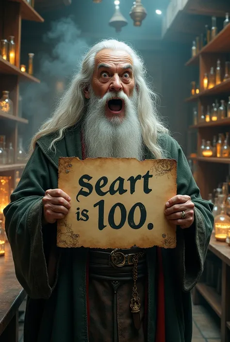 Gandalf from The Lord of the Rings with his mouth open and eyes wide holding a sign with these words written on it: "SEAART IS 100". In an alchemy laboratory.