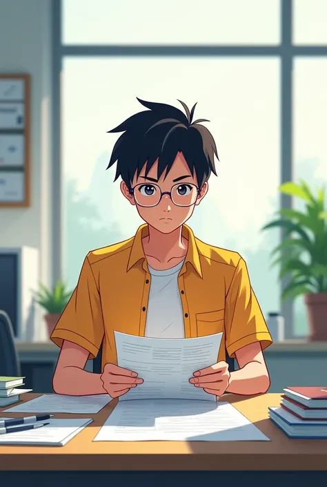 Make a person looking at some papers on his desk In a slightly animated way, anime style, but not so realistic.
