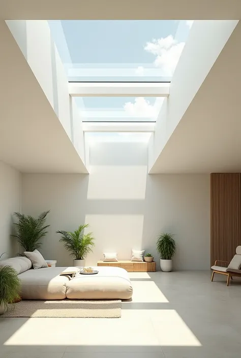 Generate an interior image of a modern room featuring multiple skylights. The skylights are embedded in a sleek, flat ceiling, allowing an abundance of natural light to flood the space. The light should cast soft, dynamic shadows across the room, highlight...