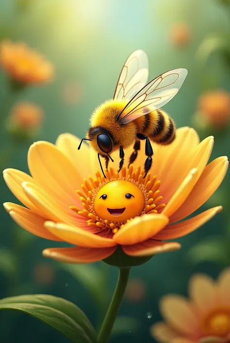 A bee pollinating a flower while collecting nectar. The flower has a smiling face