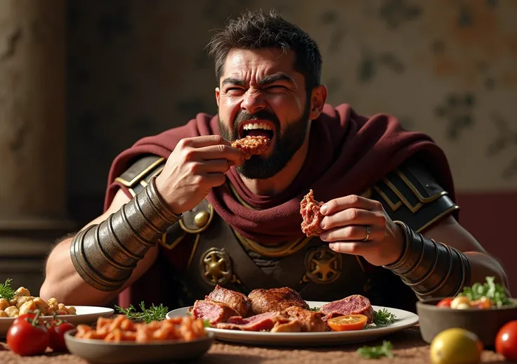 Roman soldier eating a piece of meat in front of a table with a variety of food and making a face, showing teeth