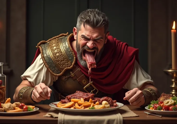 Roman soldier eating a piece of meat in front of a table with a variety of food and making a face, showing teeth