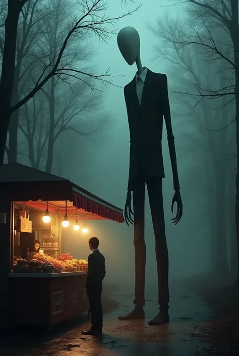 Make a picture of Slenderman at a food stand 
