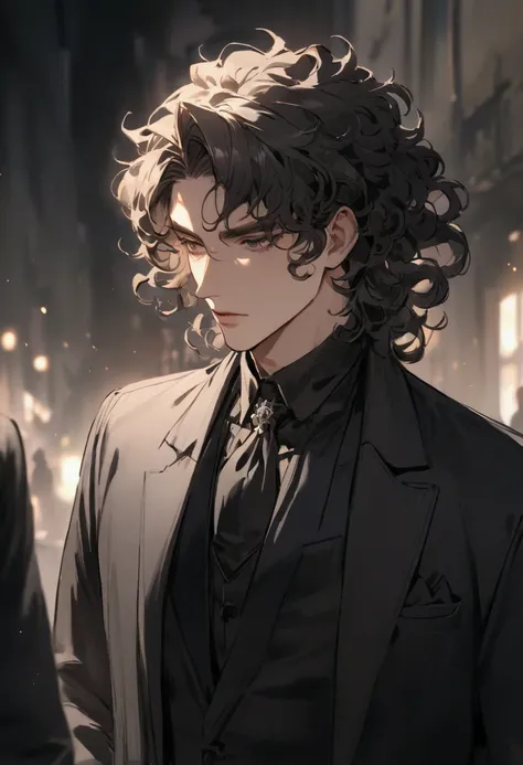 Make a male character with curly hair, who is wearing a black suit 