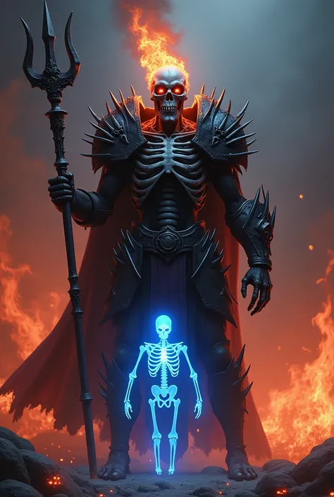 Fantasy digital artwork featuring a skeletal warrior in dark, spiked armor, holding a staff with a trident-like top in his right hand and a glowing blue orb in his left. The warriors skull is adorned with a crown of flames, and his eyes emit a fiery glow. ...