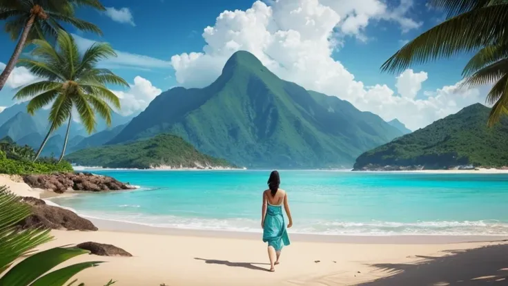 A tropical paradise with lush green mountains in the background and a woman walking alone on a sandy beach, the calm ocean reflecting her quiet strength as she contemplates her next steps after betrayal, dramatic lighting" --ar 16:9 --no blurry, --no grain...