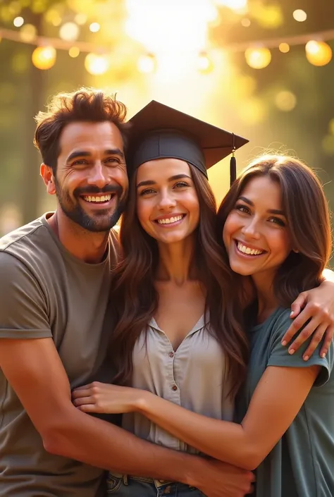 happy family with father, the daughter in middle with graduation cap and mother