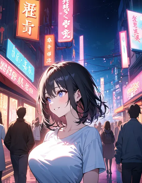 masterpiece, high quality, 16k resolution, detailed, beautiful anime girl, ((large breasts)), slender waist, pale skin, black hair, fine hair, simple clothing, white T-shirt, no accessories, (looking away:1.4), (walking in neon-lit night city), spring seas...