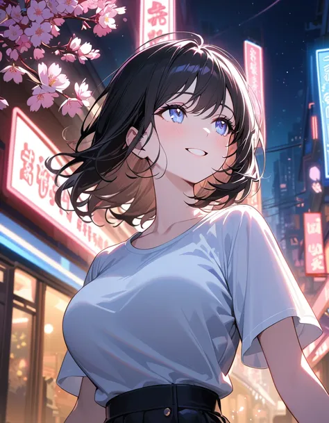 masterpiece, high quality, 16k resolution, detailed, beautiful anime girl, ((large breasts)), slender waist, pale skin, black hair, fine hair, simple clothing, white T-shirt, no accessories, (looking away:1.4), (walking in neon-lit night city), spring seas...