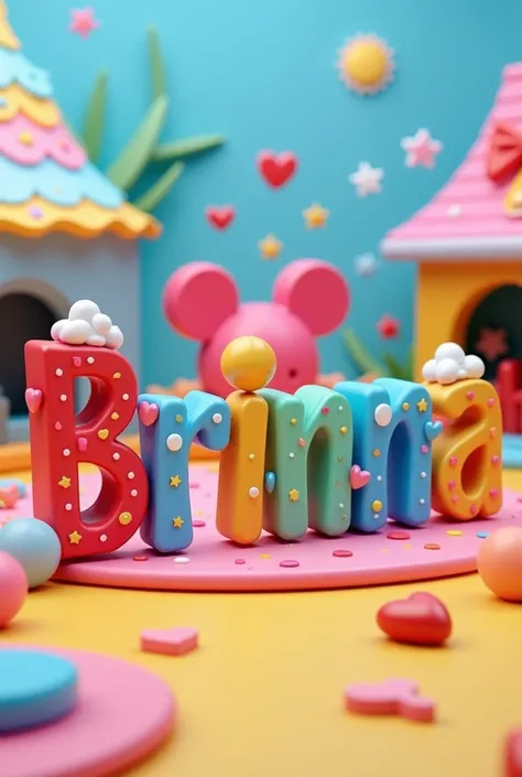 image Photorealistic 3D image of the word "Brianna" written in bright, colorful letters with a Micky mouse background and colorful paint. The letters are decorated with hearts, stars and clouds.