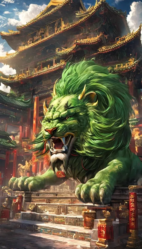 BJ_Sacgreen_bEast,green_eye,Outdoor,Horn,null,cloud,no_human,bird,cloudy_null,scenery,stage,Fantasy,Lion,architecture,East_Asian_architecture,Eastern_Lion,Cinema Lighting,Strong contrast,High level of detail,Highest quality,masterpiece,