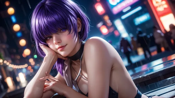 (at night), alone, in a video game scene a background of a beautiful city during the day raining, standing at attention, purple hair, ((purple hair)), 1 girl, alone, 20 years old, young woman, perfect hands , beautiful and perfect symmetrical fingers, beau...