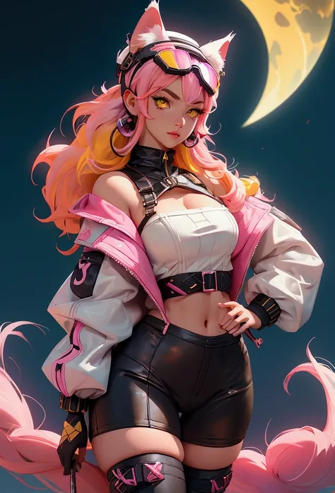 envision a 8k, highres, cinematic, beautiful close up portrait of a curvy woman named Raora Panthera with white animal ears, tail, yellow eyes, pink hair, multicolored hair, goggles, hat, open jacket, off shoulder, thigh straps, thighhighs, against a dark ...