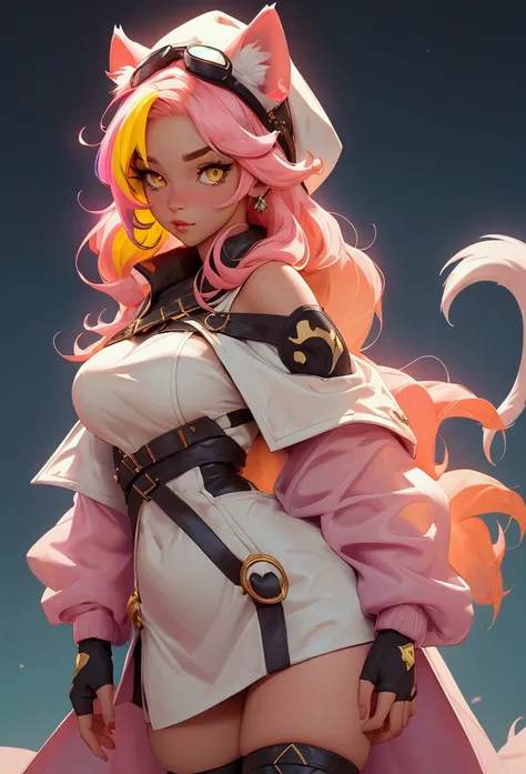 envision a 8k, highres, cinematic, beautiful close up portrait of a curvy woman named Raora Panthera with white animal ears, tail, yellow eyes, pink hair, multicolored hair, goggles, hat, open jacket, off shoulder, thigh straps, thighhighs, against a dark ...