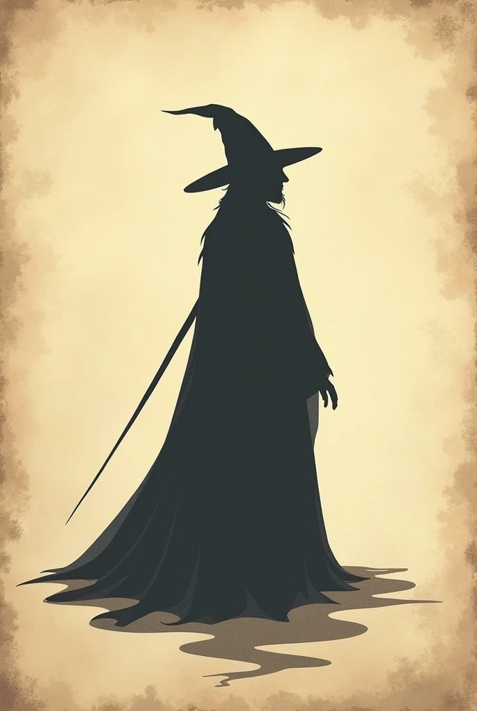 Simple 2d shadow of a coastal magician. Just the silhouette. Old paper style background.