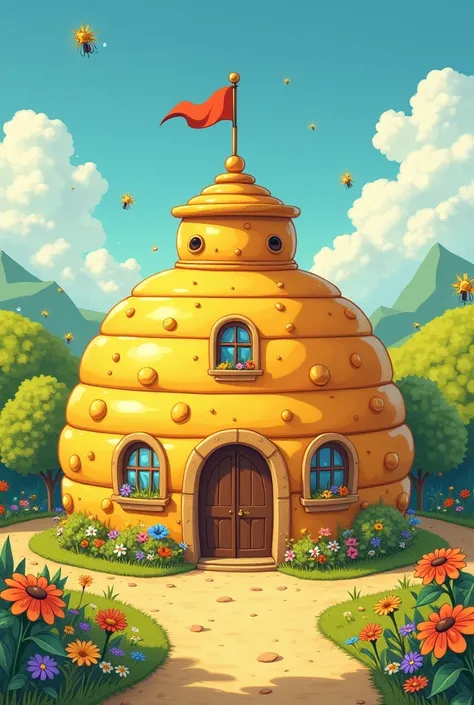 Generate an Illustration of a School with a Honey Pot Structure,  and playful 