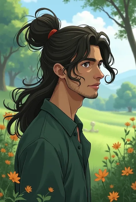 Ghibli design, 22 yo man, long hair, man bun, faint beard, mature look