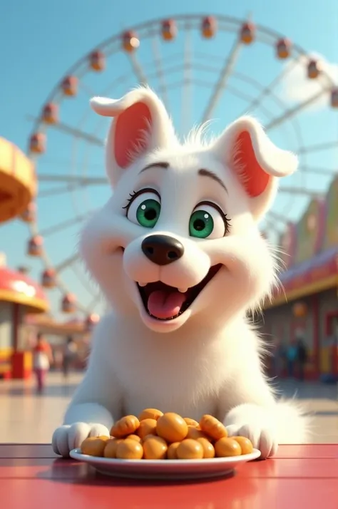 Image of a white dog, greeneyes, smiling , in an amusement park with a ferris wheel in the background showing a delicious plate of wet food Pixar Cartoon 