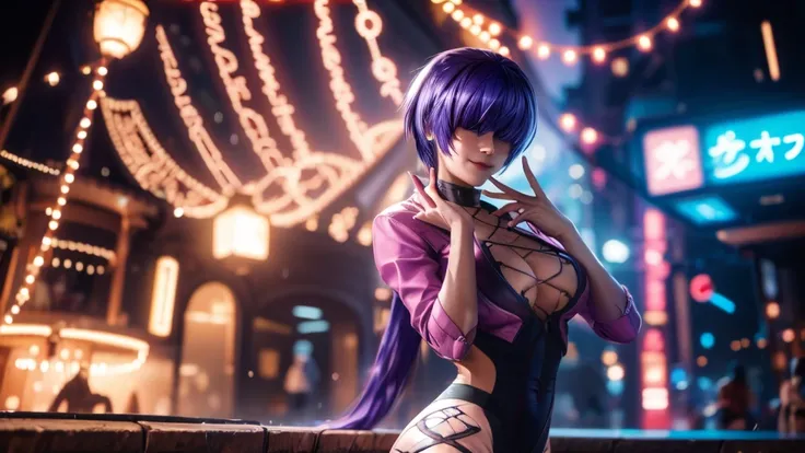 (at night), alone, in a video game scene a background of a beautiful city during the day raining, standing at attention, purple hair, ((purple hair)), 1 girl, alone, 20 years old, young woman, perfect hands , beautiful and perfect symmetrical fingers, beau...